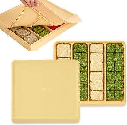 Silicone Baby Storage Container with Lid - 26oz 4 Compartment Stackable Meal Prep for Puree, Snacks, Kimbap & Sushi - Airtight, Microwave & Dishwasher Safe, Made in Korea, Brown