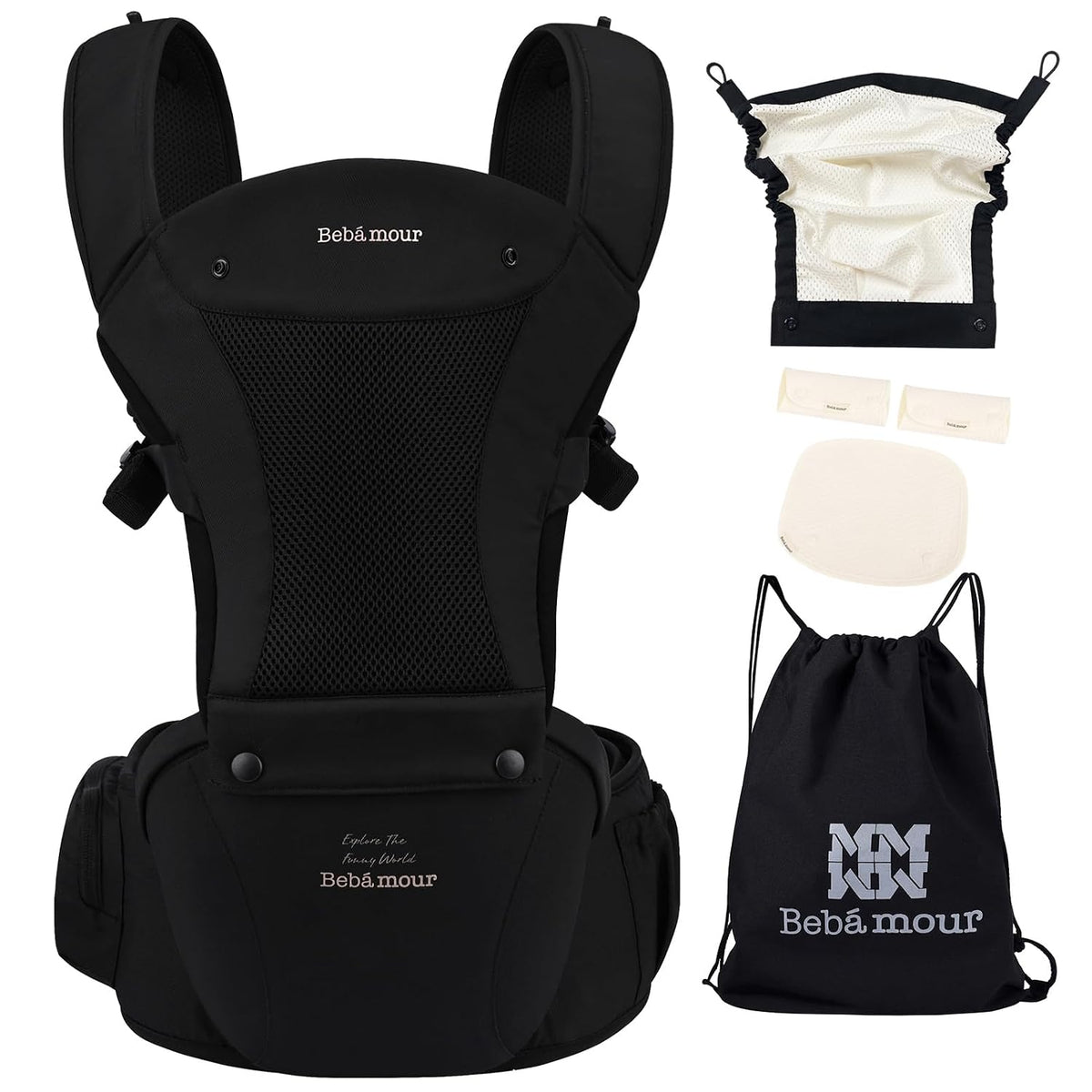 Baby Carrier with Hip Seat,All-Position Breathable Mesh Hip Seat & Carrier 0-36Months with Head Hood, 3 PCS Cotton Pads, Waist Extender,Storage Bag & Pacifier Case,Pink