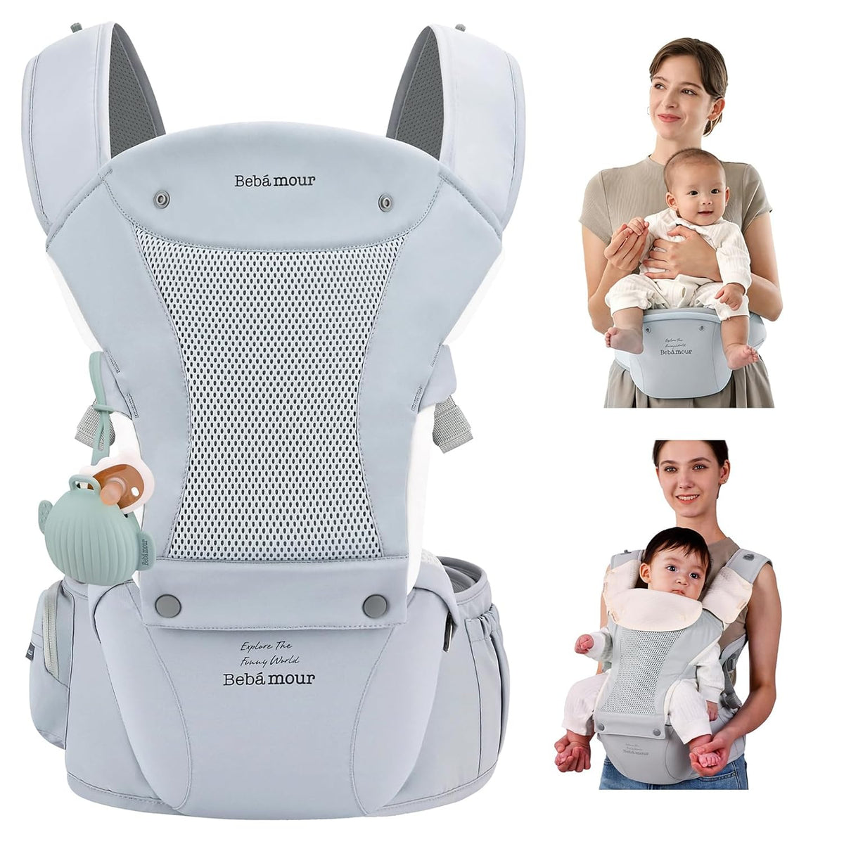 Baby Carrier with Hip Seat,All-Position Breathable Mesh Hip Seat & Carrier 0-36Months with Head Hood, 3 PCS Cotton Pads, Waist Extender,Storage Bag & Pacifier Case,Pink