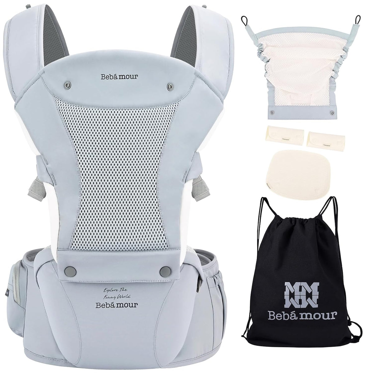 Baby Carrier with Hip Seat,All-Position Breathable Mesh Hip Seat & Carrier 0-36Months with Head Hood, 3 PCS Cotton Pads, Waist Extender,Storage Bag & Pacifier Case,Pink
