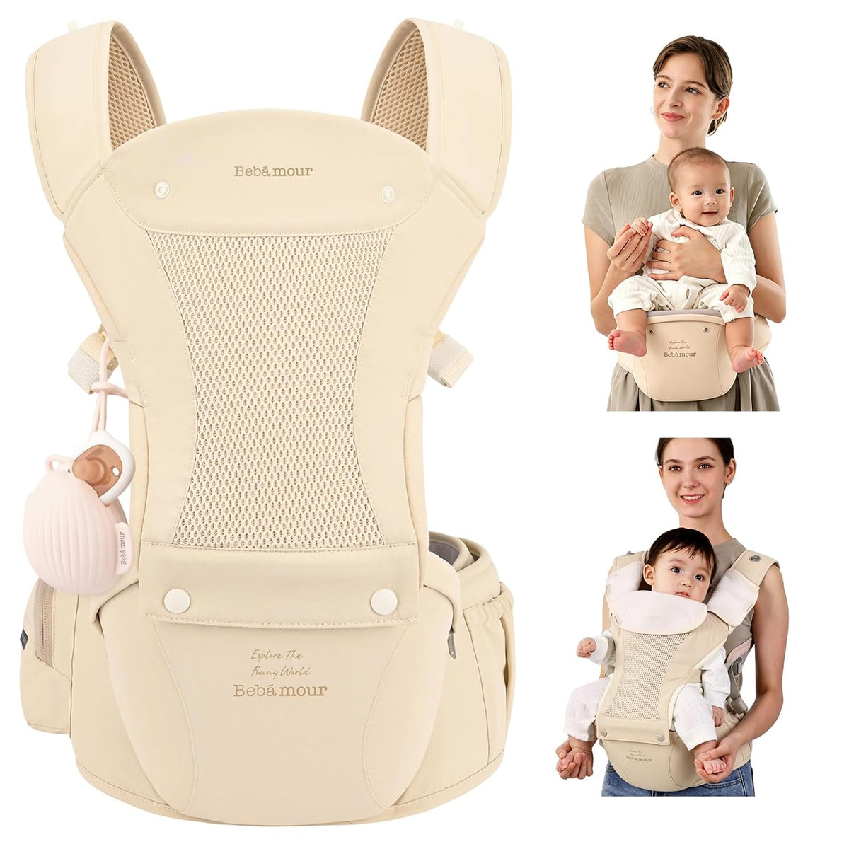 Baby Carrier with Hip Seat,All-Position Breathable Mesh Hip Seat & Carrier 0-36Months with Head Hood, 3 PCS Cotton Pads, Waist Extender,Storage Bag & Pacifier Case,Pink