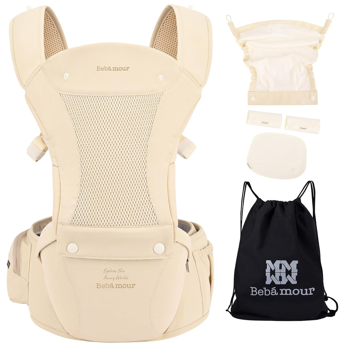 Baby Carrier with Hip Seat,All-Position Breathable Mesh Hip Seat & Carrier 0-36Months with Head Hood, 3 PCS Cotton Pads, Waist Extender,Storage Bag & Pacifier Case,Pink