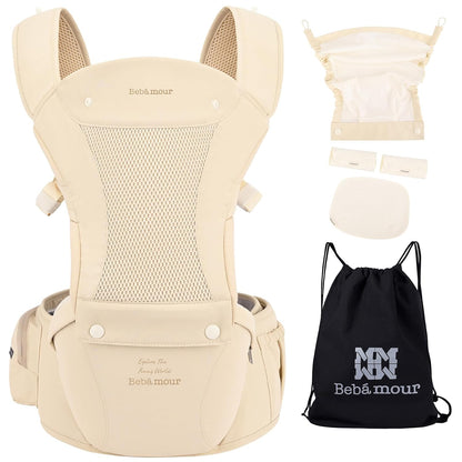 Baby Carrier with Hip Seat,All-Position Breathable Mesh Hip Seat & Carrier 0-36Months with Head Hood, 3 PCS Cotton Pads, Waist Extender,Storage Bag & Pacifier Case,Pink