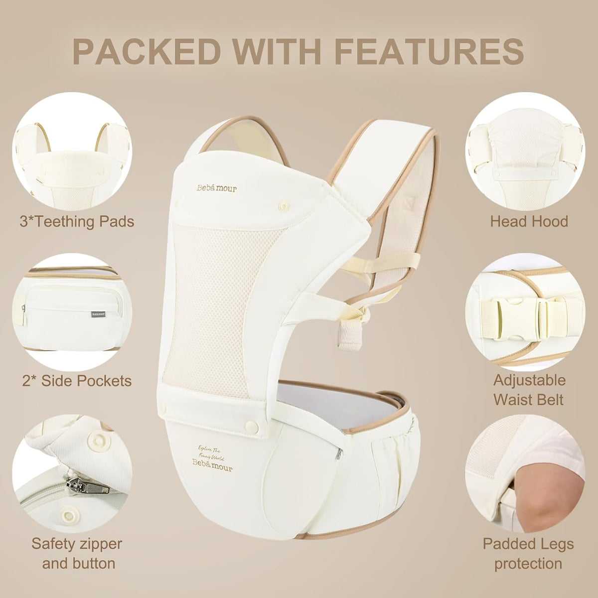 Baby Carrier with Hip Seat,All-Position Breathable Mesh Hip Seat & Carrier 0-36Months with Head Hood, 3 PCS Cotton Pads, Waist Extender,Storage Bag & Pacifier Case,Pink