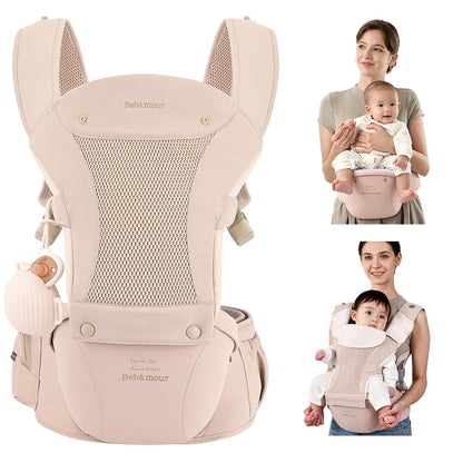 Baby Carrier with Hip Seat,All-Position Breathable Mesh Hip Seat & Carrier 0-36Months with Head Hood, 3 PCS Cotton Pads, Waist Extender,Storage Bag & Pacifier Case,Pink