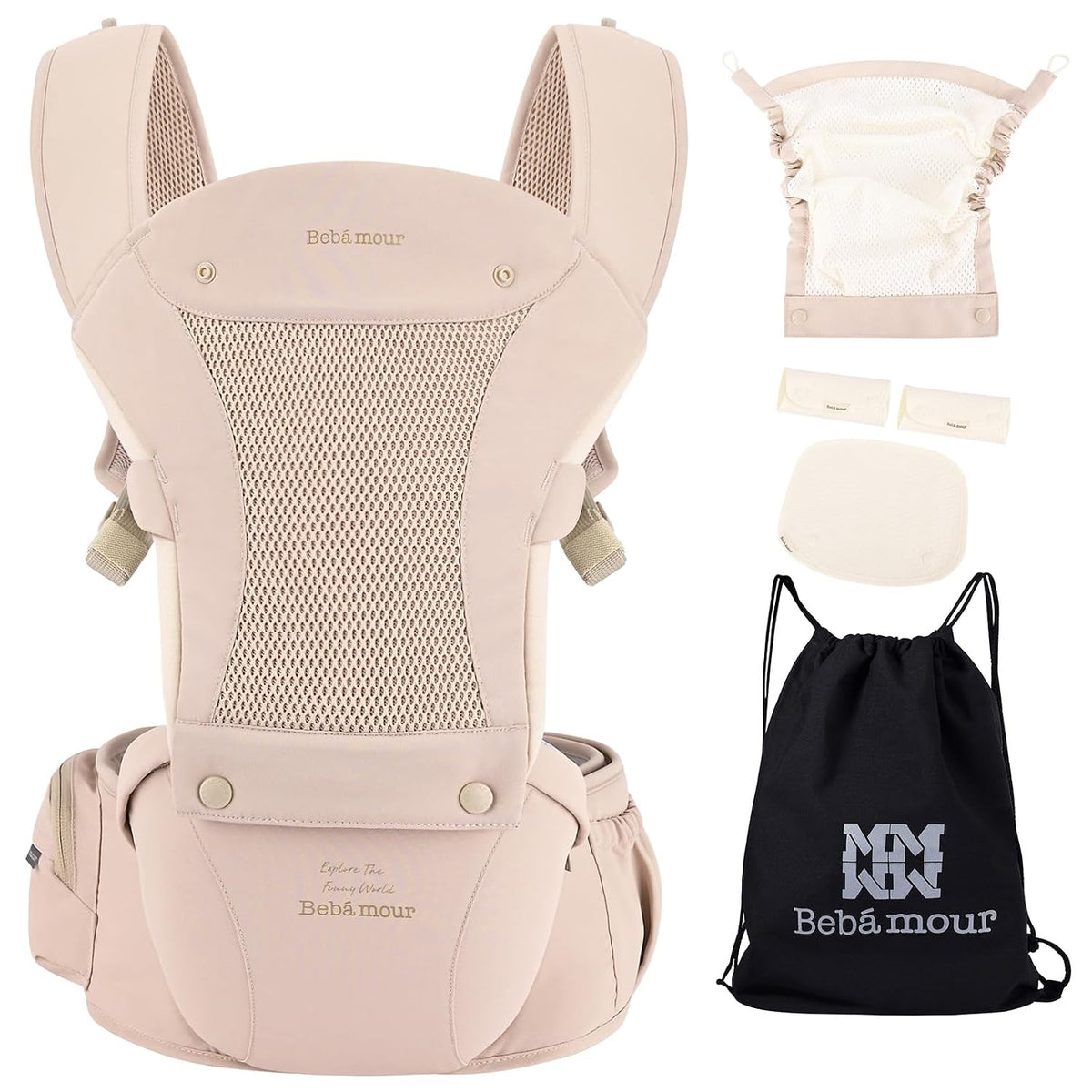 Baby Carrier with Hip Seat,All-Position Breathable Mesh Hip Seat & Carrier 0-36Months with Head Hood, 3 PCS Cotton Pads, Waist Extender,Storage Bag & Pacifier Case,Pink