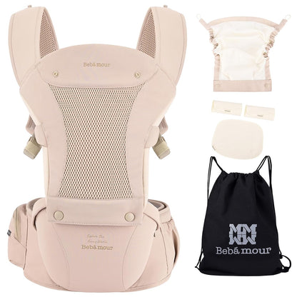 Baby Carrier with Hip Seat,All-Position Breathable Mesh Hip Seat & Carrier 0-36Months with Head Hood, 3 PCS Cotton Pads, Waist Extender,Storage Bag & Pacifier Case,Pink
