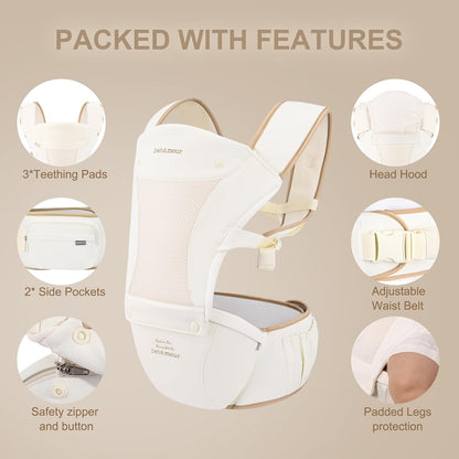 Baby Carrier with Hip Seat,All-Position Breathable Mesh Hip Seat & Carrier 0-36Months with Head Hood, 3 PCS Cotton Pads, Waist Extender,Storage Bag & Pacifier Case,Pink