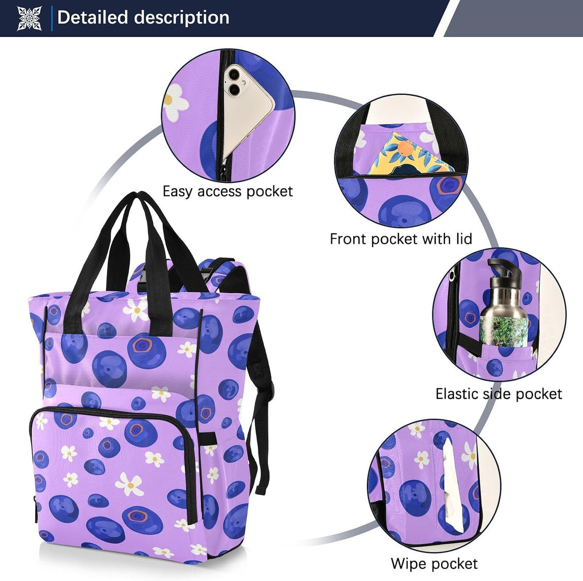Diaper Bag Backpack, Multifunction Travel Bag for Moms Dads, Baby Changing Bag with Insulted Pockets, Stroller Straps and Side Bottle Pockets Berry Blossom Pattern