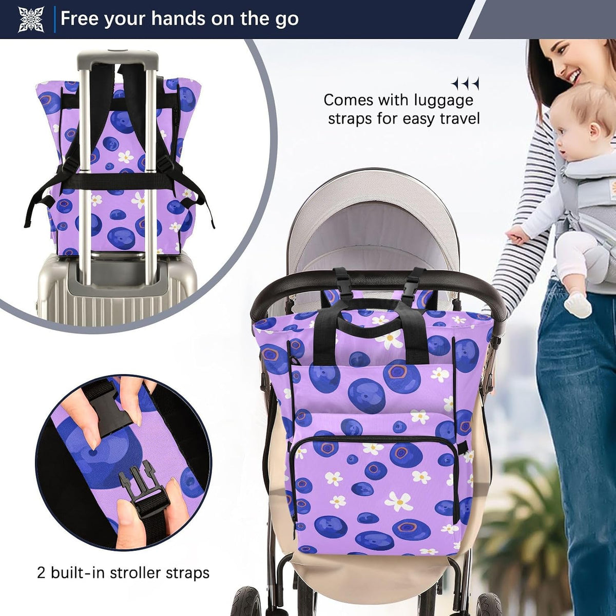 Diaper Bag Backpack, Multifunction Travel Bag for Moms Dads, Baby Changing Bag with Insulted Pockets, Stroller Straps and Side Bottle Pockets Berry Blossom Pattern
