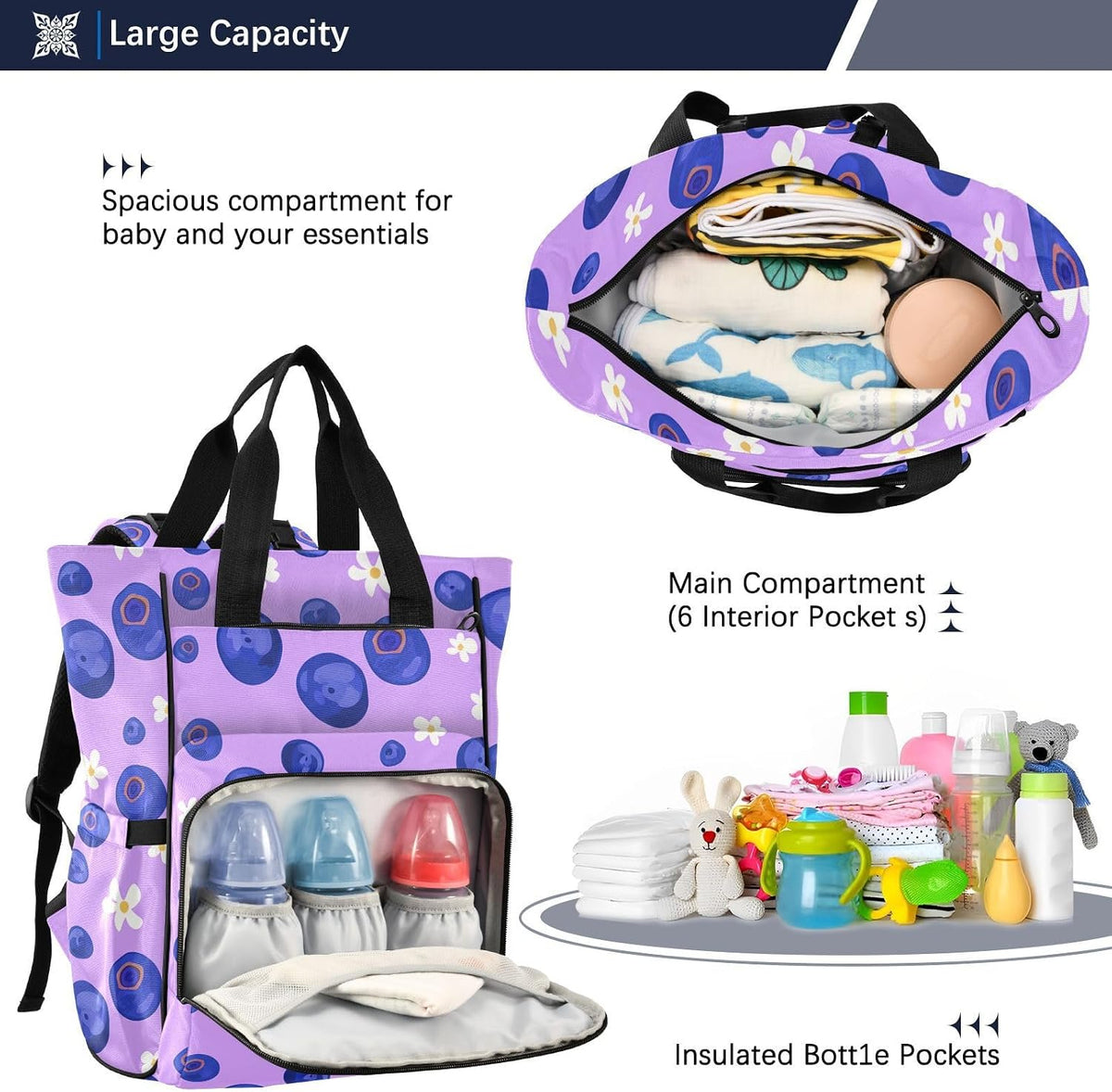 Diaper Bag Backpack, Multifunction Travel Bag for Moms Dads, Baby Changing Bag with Insulted Pockets, Stroller Straps and Side Bottle Pockets Berry Blossom Pattern