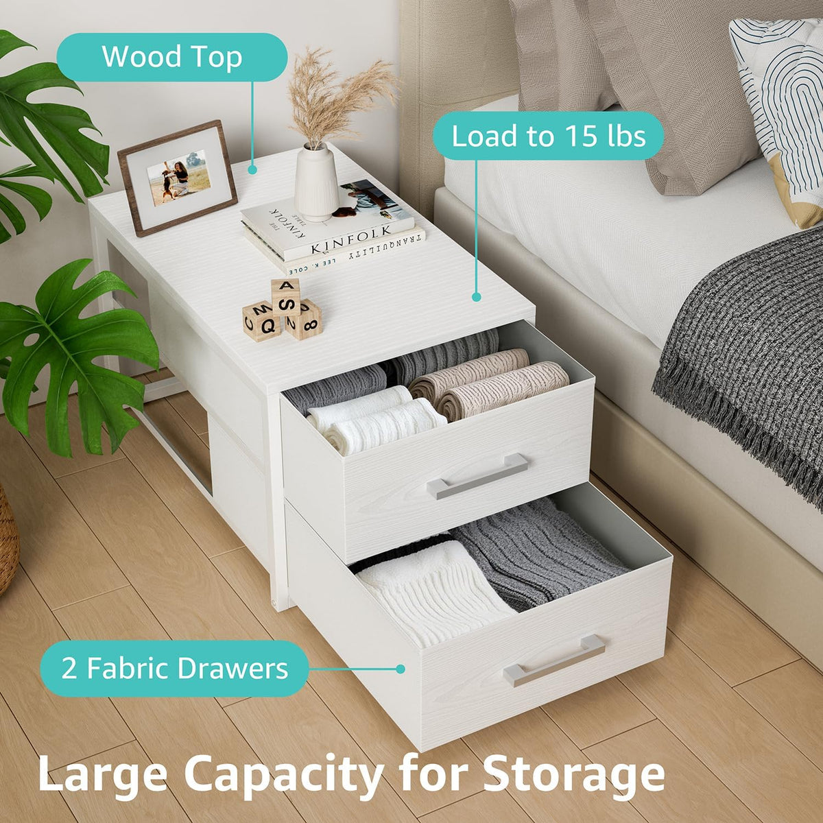 Stackable Storage Drawers Closet Organizers and Storage Fabric White 2 Drawer Dresser for Bedroom 2 Packs Modern