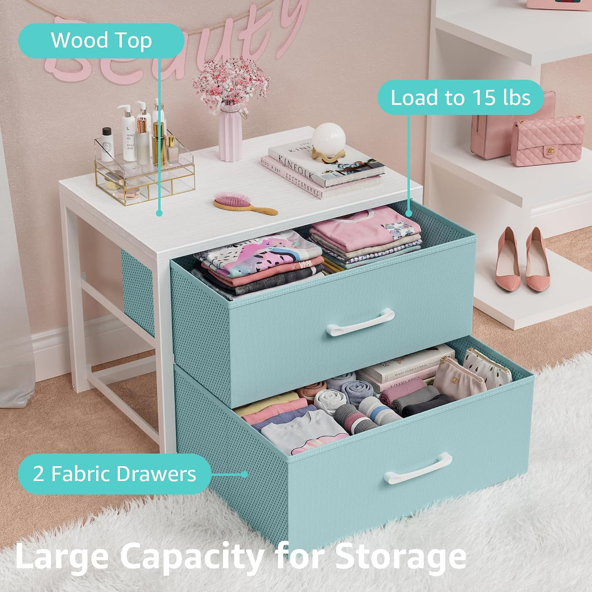 Stackable Storage Drawers Closet Organizers and Storage Fabric White 2 Drawer Dresser for Bedroom 2 Packs Modern