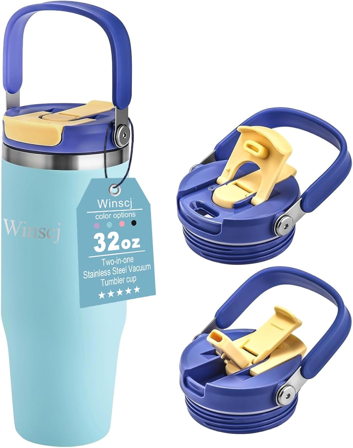32 oz Tumbler with Handle and Flip Straw,Keep Cold or Hot,Fits in Cup Holder,Reusable Leak Proof Stainless Steel Vacuum Water Bottle,Suitable for Home Gym Trave, Easy to Carry (Cyan Blue) | Stainless Steel Vacuum Insulated, Keeps Cold or Hot, Fits in Cup
