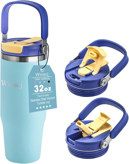 32 oz Tumbler with Handle and Flip Straw,Keep Cold or Hot,Fits in Cup Holder,Reusable Leak Proof Stainless Steel Vacuum Water Bottle,Suitable for Home Gym Trave, Easy to Carry (Cyan Blue) | Stainless Steel Vacuum Insulated, Keeps Cold or Hot, Fits in Cup