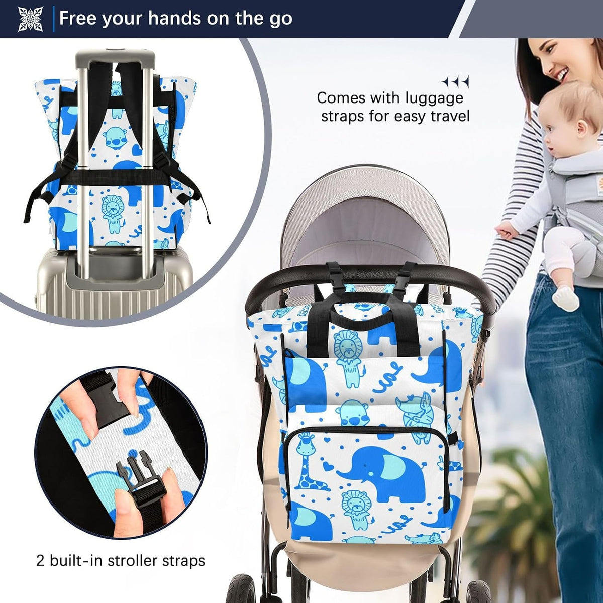 Diaper Bag Backpack, Multifunction Travel Bag for Moms Dads, Baby Changing Bag with Insulted Pockets, Stroller Straps and Side Bottle Pockets Cute Blue Pattern