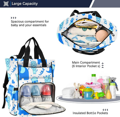 Diaper Bag Backpack, Multifunction Travel Bag for Moms Dads, Baby Changing Bag with Insulted Pockets, Stroller Straps and Side Bottle Pockets Cute Blue Pattern