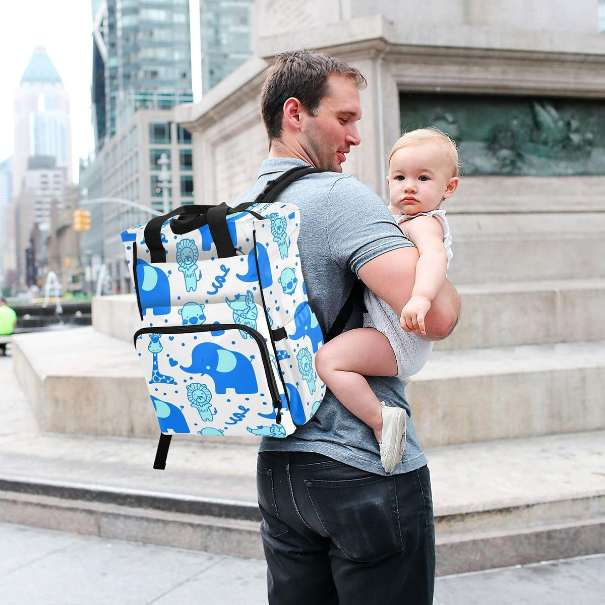 Diaper Bag Backpack, Multifunction Travel Bag for Moms Dads, Baby Changing Bag with Insulted Pockets, Stroller Straps and Side Bottle Pockets Cute Blue Pattern