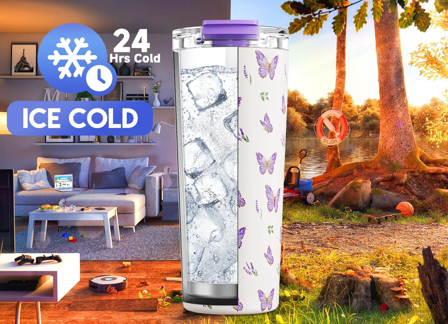 24 oz Insulated Travel Coffee Mug: Leak Proof Lid, Sea | Stainless Steel Coffee Tumbler, Keeps Hot for 8 Hours or Cold for 24 Hours, Fits in Car Cup Holder, BPA Free