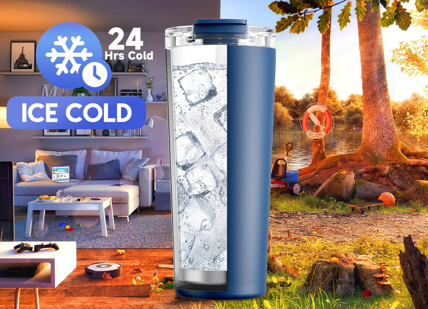 24 oz Insulated Travel Coffee Mug: Leak Proof Lid, Sea | Stainless Steel Coffee Tumbler, Keeps Hot for 8 Hours or Cold for 24 Hours, Fits in Car Cup Holder, BPA Free