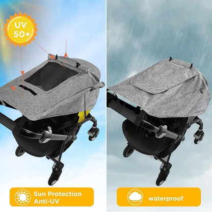 UPF 50+ UV Protection Stroller Sun Shade - Universal Cover With See Through, Waterproof and Breathable Extender, Baby Sun Protection Accessories