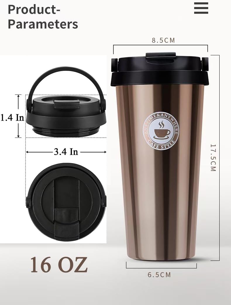 16 OZ Insulated Coffee Mug, Travel Coffee Mug with Leakproof Lid, Coffee Tumbler with Handle, 304 Stainless Steel Mug, Double Walled Vacuum Insulated Mug, White
