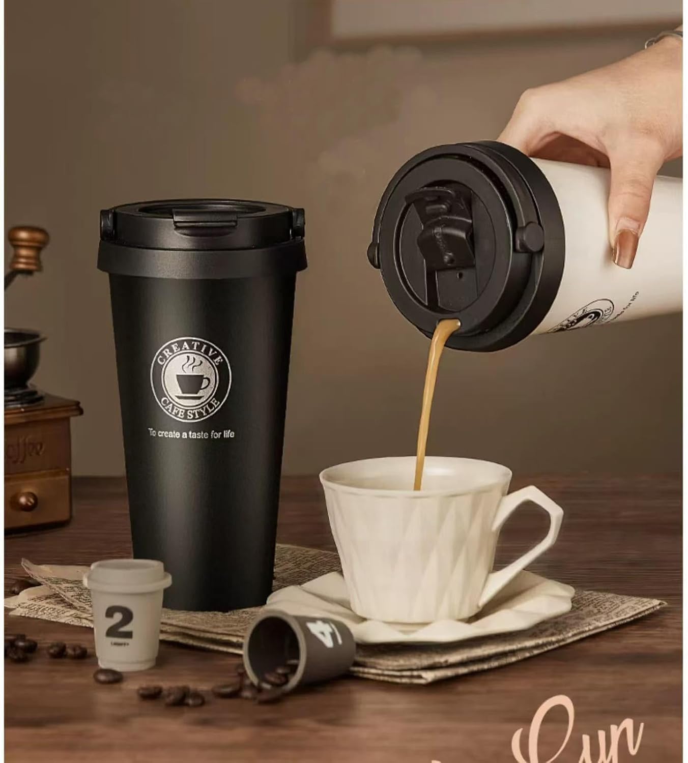 16 OZ Insulated Coffee Mug, Travel Coffee Mug with Leakproof Lid, Coffee Tumbler with Handle, 304 Stainless Steel Mug, Double Walled Vacuum Insulated Mug, White