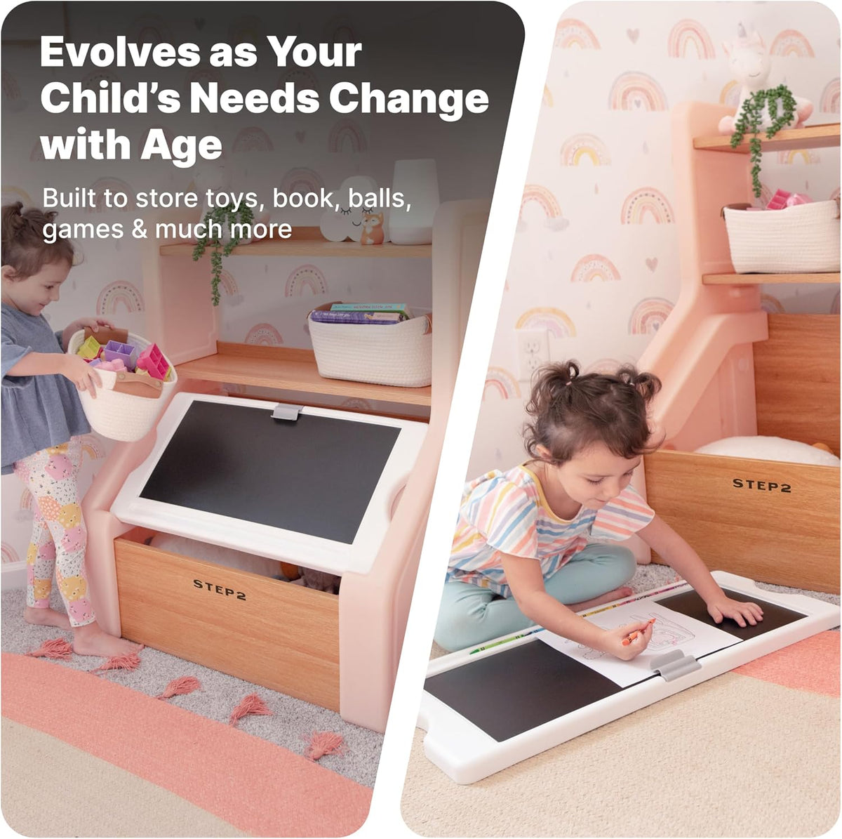 Harmony Toy Storage Box, Kids Toy Storage Bin with Chalkboard Lid, Easel & Toy Organizer in One, Made of Durable Plastic, For Toddlers 2+ Years Old, Sage Gray