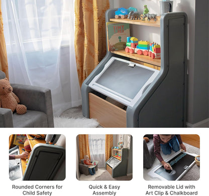 Harmony Toy Storage Box, Kids Toy Storage Bin with Chalkboard Lid, Easel & Toy Organizer in One, Made of Durable Plastic, For Toddlers 2+ Years Old, Sage Gray
