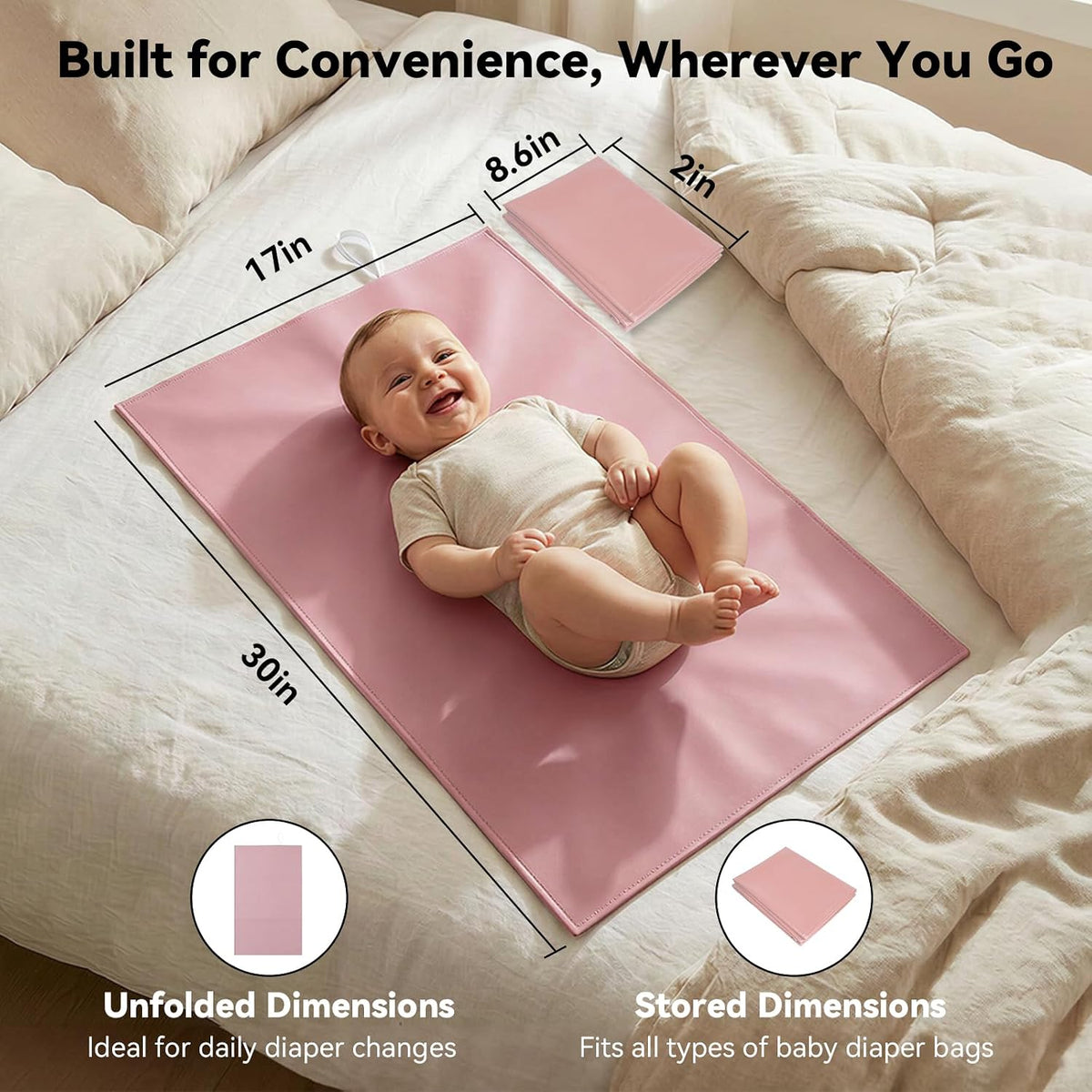 Portable Baby Changing Mat, Faux Leather, 30" x 17", Blush