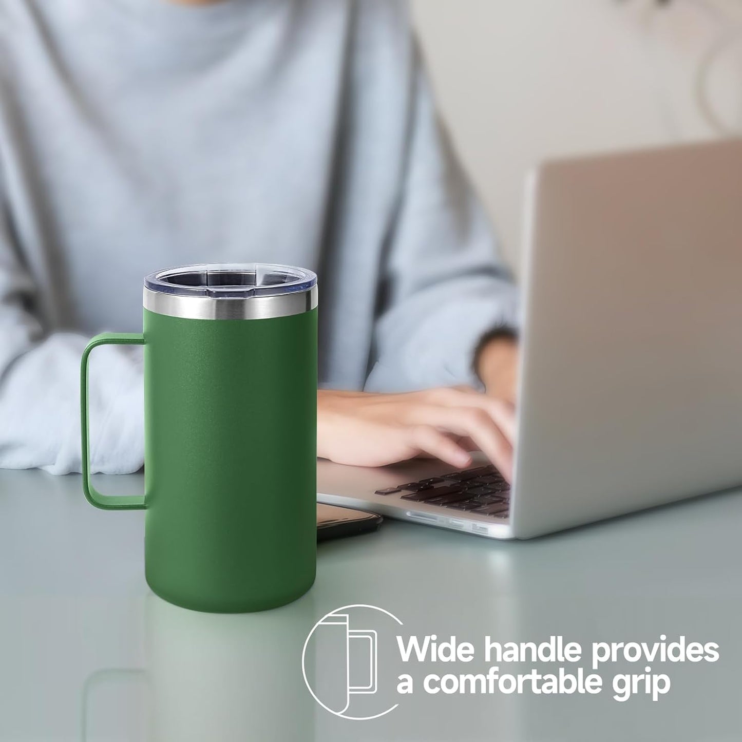 Volhoply 22oz Insulated Stainless Steel Coffee Mug with Leakproof Lid,Double Wall Vacuum Travel Coffee Cup with Handle,Reusable Metal Tumbler,Camping Mugs Keep Hot&Cold(Gray,1)