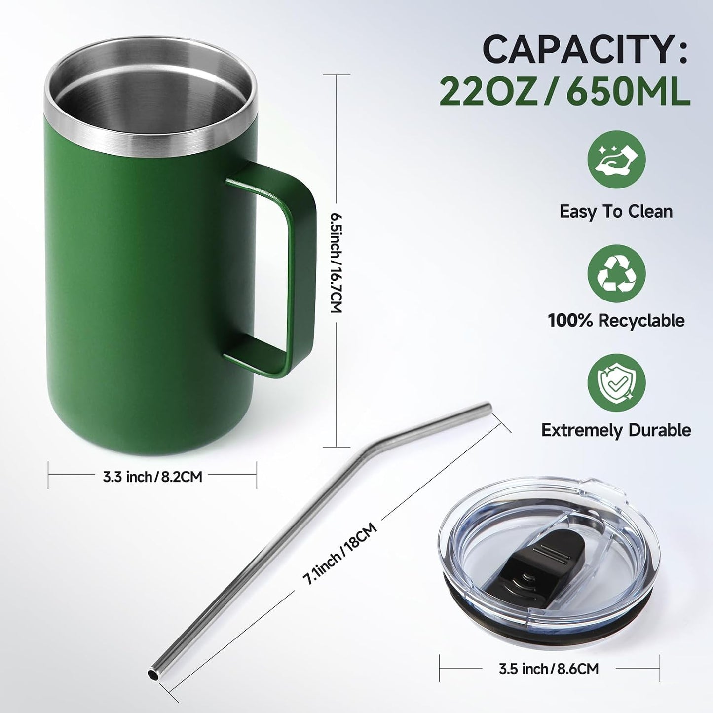 Volhoply 22oz Insulated Stainless Steel Coffee Mug with Leakproof Lid,Double Wall Vacuum Travel Coffee Cup with Handle,Reusable Metal Tumbler,Camping Mugs Keep Hot&Cold(Gray,1)