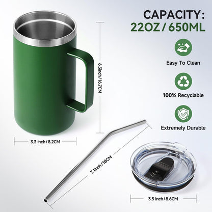 Volhoply 22oz Insulated Stainless Steel Coffee Mug with Leakproof Lid,Double Wall Vacuum Travel Coffee Cup with Handle,Reusable Metal Tumbler,Camping Mugs Keep Hot&Cold(Gray,1)