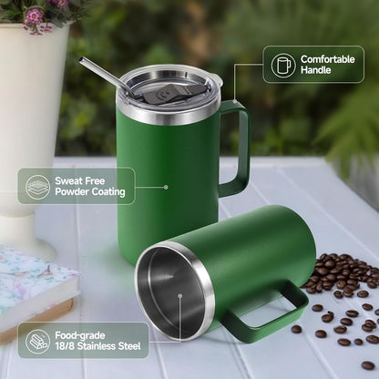 Volhoply 22oz Insulated Stainless Steel Coffee Mug with Leakproof Lid,Double Wall Vacuum Travel Coffee Cup with Handle,Reusable Metal Tumbler,Camping Mugs Keep Hot&Cold(Gray,1)