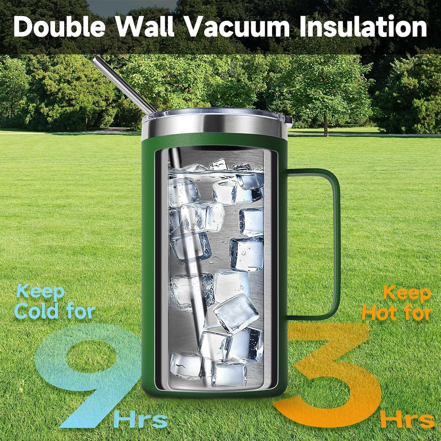 Volhoply 22oz Insulated Stainless Steel Coffee Mug with Leakproof Lid,Double Wall Vacuum Travel Coffee Cup with Handle,Reusable Metal Tumbler,Camping Mugs Keep Hot&Cold(Gray,1)
