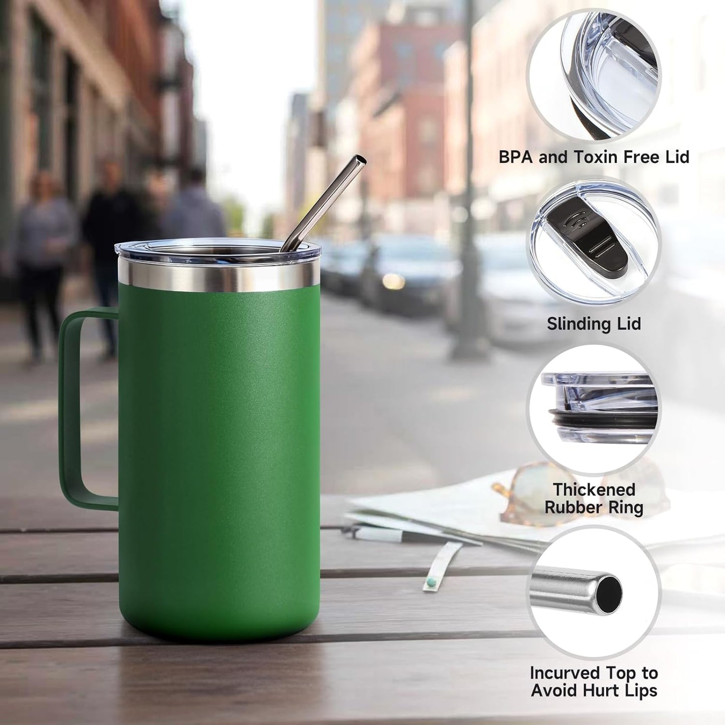 Volhoply 22oz Insulated Stainless Steel Coffee Mug with Leakproof Lid,Double Wall Vacuum Travel Coffee Cup with Handle,Reusable Metal Tumbler,Camping Mugs Keep Hot&Cold(Gray,1)