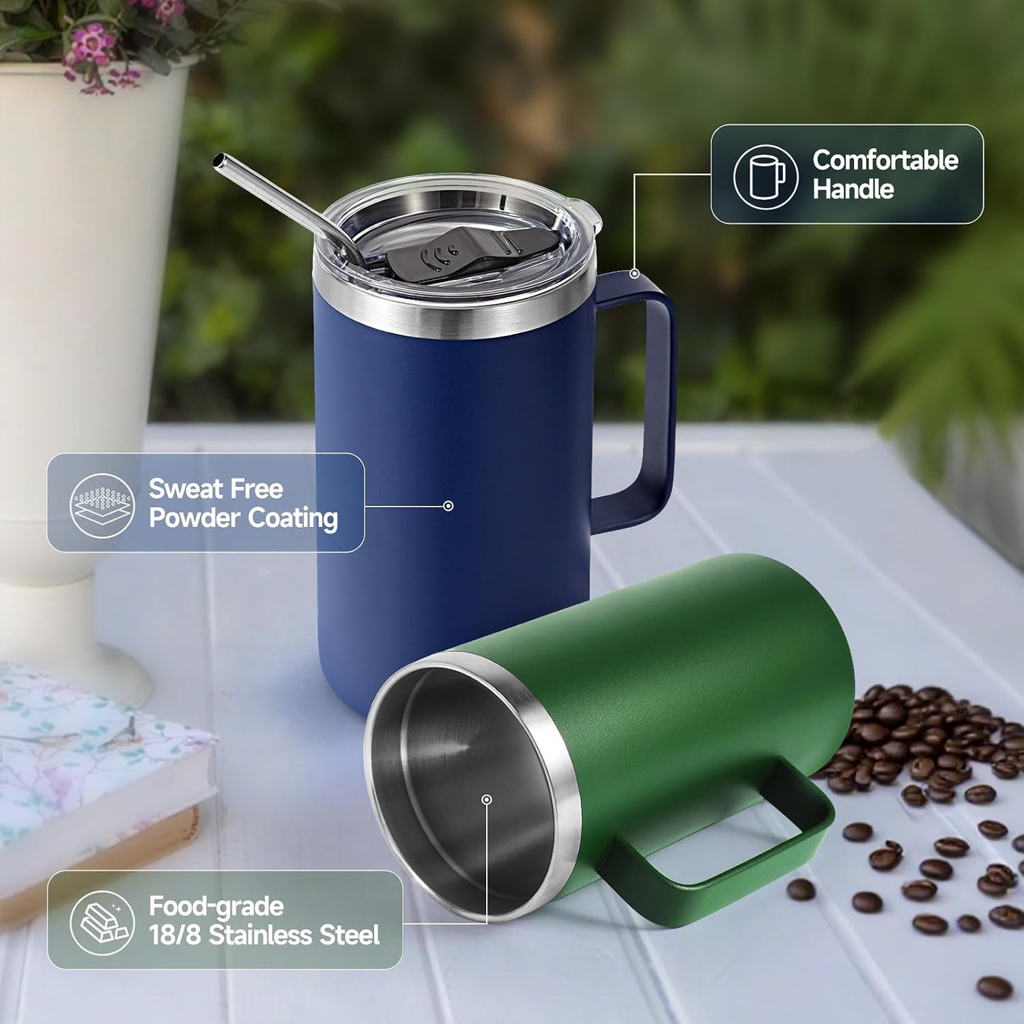 Volhoply 22oz Insulated Stainless Steel Coffee Mug with Leakproof Lid,Double Wall Vacuum Travel Coffee Cup with Handle,Reusable Metal Tumbler,Camping Mugs Keep Hot&Cold(Gray,1)
