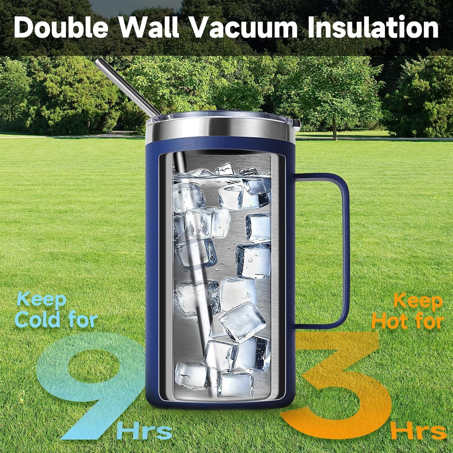 Volhoply 22oz Insulated Stainless Steel Coffee Mug with Leakproof Lid,Double Wall Vacuum Travel Coffee Cup with Handle,Reusable Metal Tumbler,Camping Mugs Keep Hot&Cold(Gray,1)