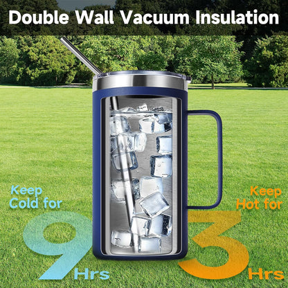 Volhoply 22oz Insulated Stainless Steel Coffee Mug with Leakproof Lid,Double Wall Vacuum Travel Coffee Cup with Handle,Reusable Metal Tumbler,Camping Mugs Keep Hot&Cold(Gray,1)