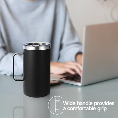 Volhoply 22oz Insulated Stainless Steel Coffee Mug with Leakproof Lid,Double Wall Vacuum Travel Coffee Cup with Handle,Reusable Metal Tumbler,Camping Mugs Keep Hot&Cold(Gray,1)