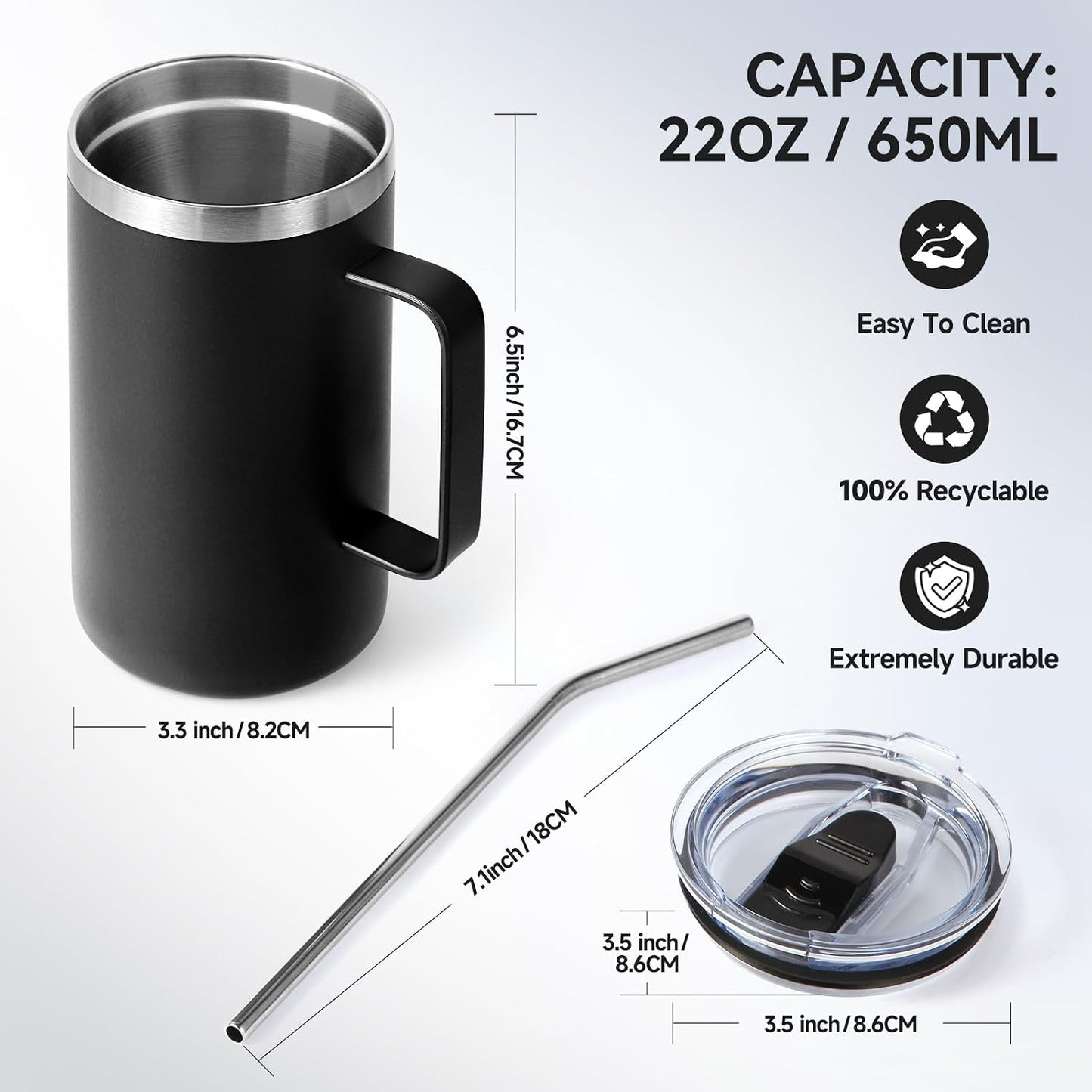Volhoply 22oz Insulated Stainless Steel Coffee Mug with Leakproof Lid,Double Wall Vacuum Travel Coffee Cup with Handle,Reusable Metal Tumbler,Camping Mugs Keep Hot&Cold(Gray,1)