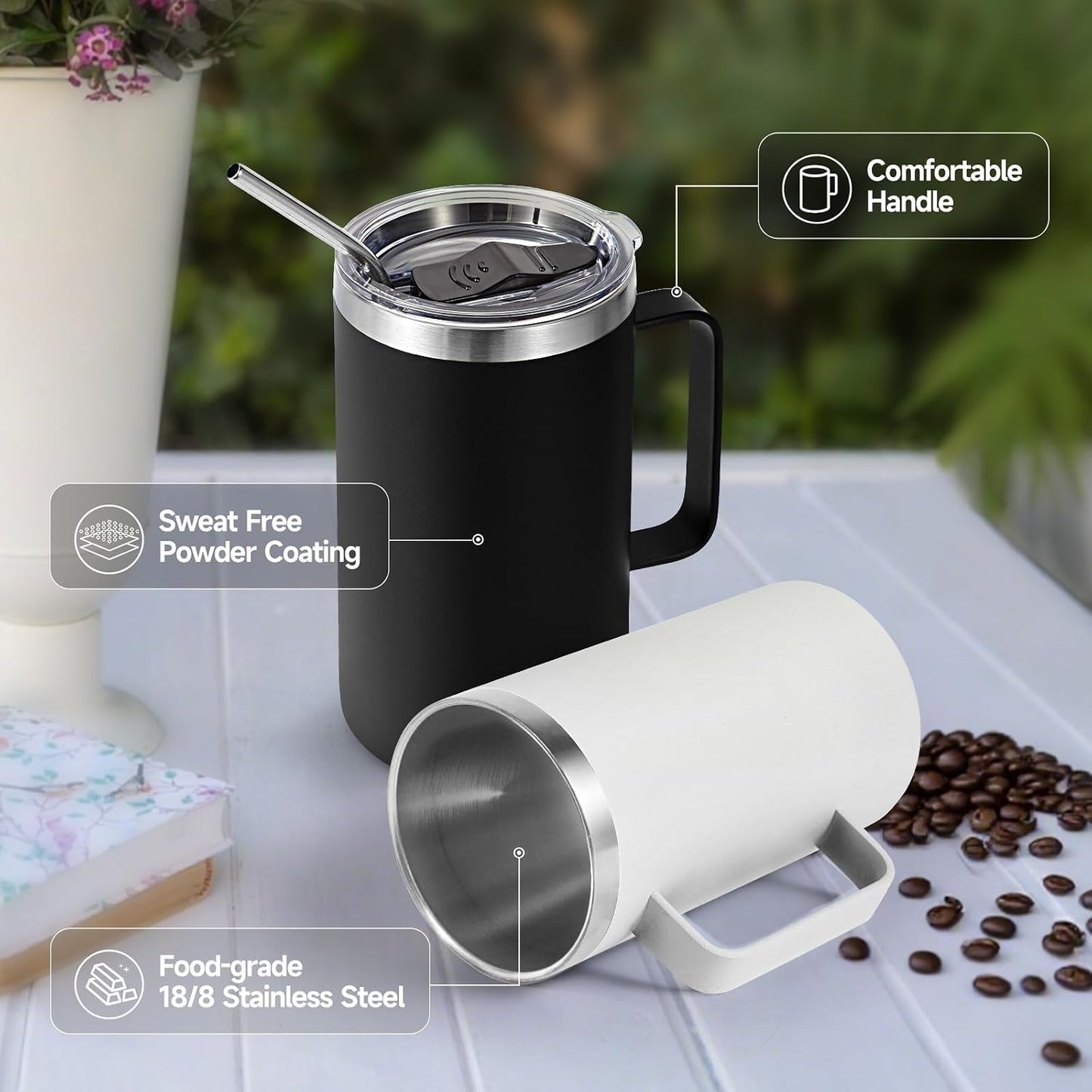 Volhoply 22oz Insulated Stainless Steel Coffee Mug with Leakproof Lid,Double Wall Vacuum Travel Coffee Cup with Handle,Reusable Metal Tumbler,Camping Mugs Keep Hot&Cold(Gray,1)