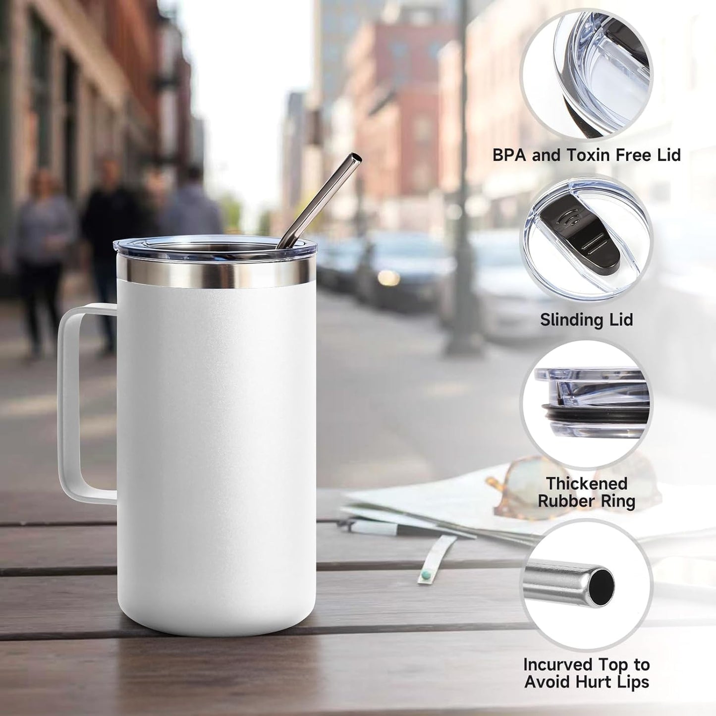 Volhoply 22oz Insulated Stainless Steel Coffee Mug with Leakproof Lid,Double Wall Vacuum Travel Coffee Cup with Handle,Reusable Metal Tumbler,Camping Mugs Keep Hot&Cold(Gray,1)