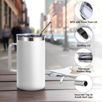 Volhoply 22oz Insulated Stainless Steel Coffee Mug with Leakproof Lid,Double Wall Vacuum Travel Coffee Cup with Handle,Reusable Metal Tumbler,Camping Mugs Keep Hot&Cold(Gray,1)
