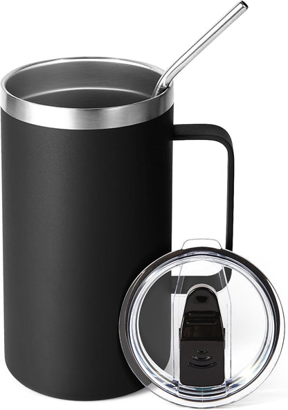 Volhoply 22oz Insulated Stainless Steel Coffee Mug with Leakproof Lid,Double Wall Vacuum Travel Coffee Cup with Handle,Reusable Metal Tumbler,Camping Mugs Keep Hot&Cold(Gray,1)