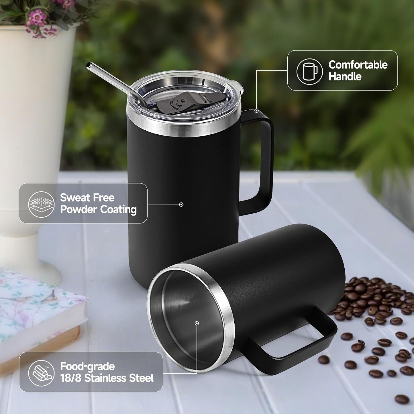 Volhoply 22oz Insulated Stainless Steel Coffee Mug with Leakproof Lid,Double Wall Vacuum Travel Coffee Cup with Handle,Reusable Metal Tumbler,Camping Mugs Keep Hot&Cold(Gray,1)