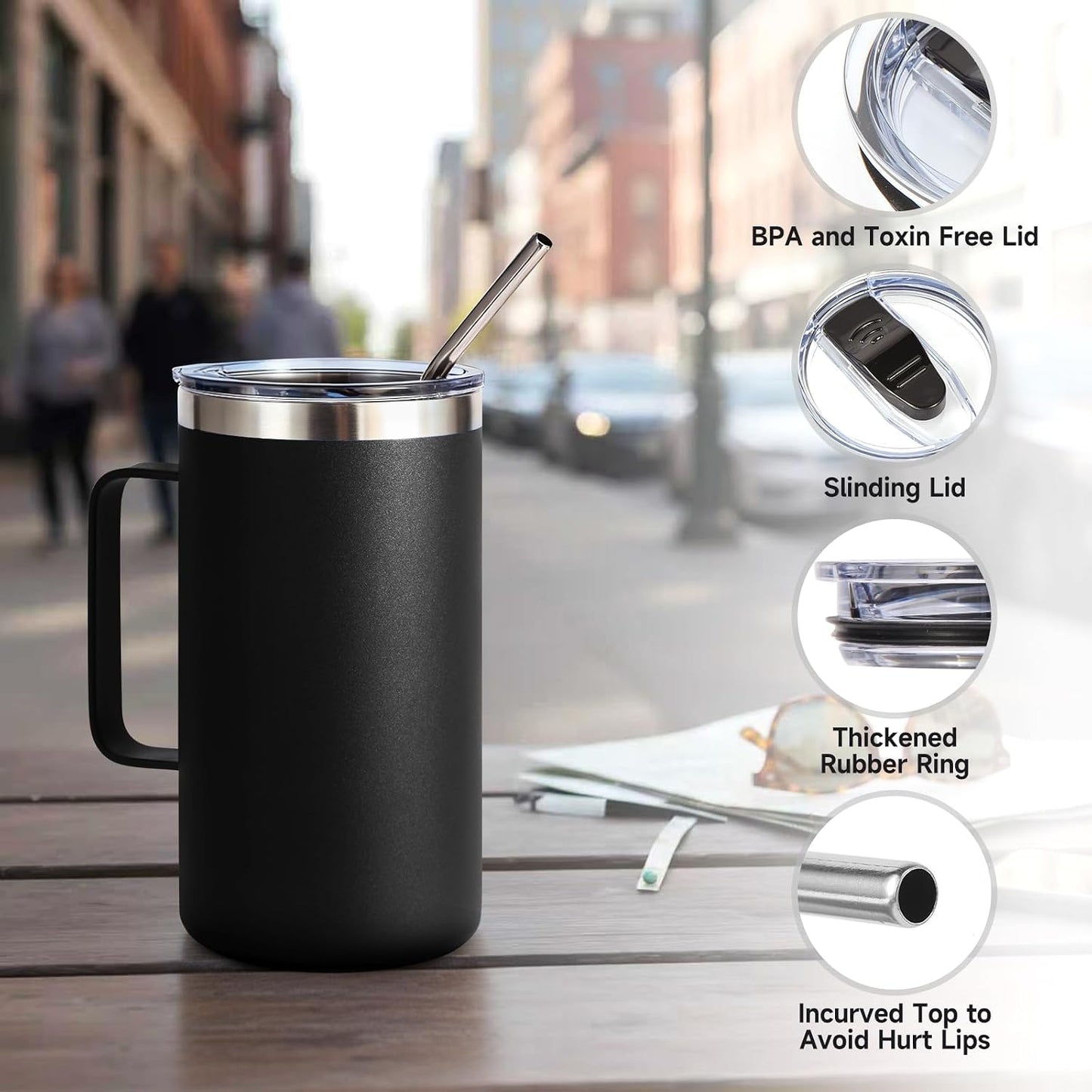 Volhoply 22oz Insulated Stainless Steel Coffee Mug with Leakproof Lid,Double Wall Vacuum Travel Coffee Cup with Handle,Reusable Metal Tumbler,Camping Mugs Keep Hot&Cold(Gray,1)