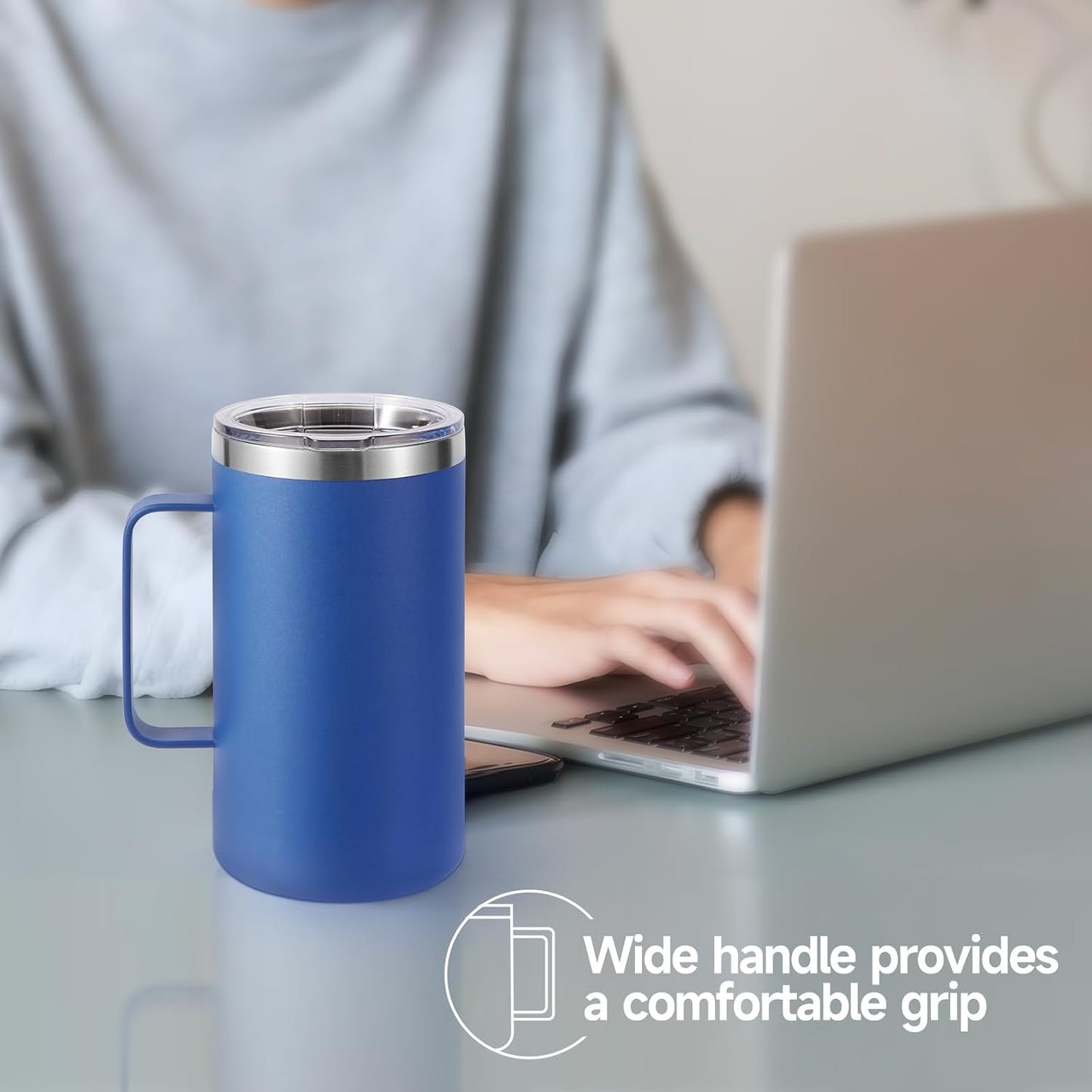 Volhoply 22oz Insulated Stainless Steel Coffee Mug with Leakproof Lid,Double Wall Vacuum Travel Coffee Cup with Handle,Reusable Metal Tumbler,Camping Mugs Keep Hot&Cold(Gray,1)