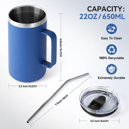 Volhoply 22oz Insulated Stainless Steel Coffee Mug with Leakproof Lid,Double Wall Vacuum Travel Coffee Cup with Handle,Reusable Metal Tumbler,Camping Mugs Keep Hot&Cold(Gray,1)