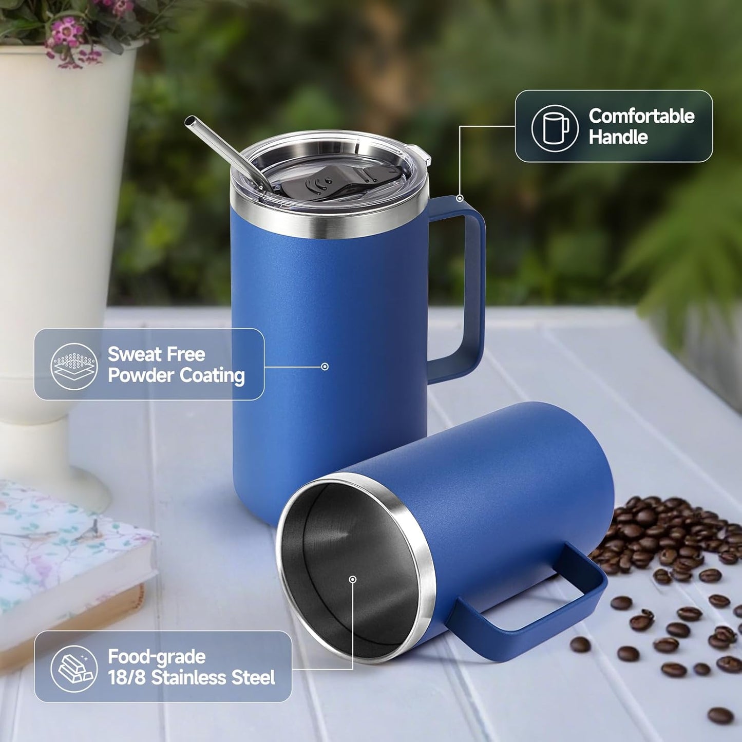 Volhoply 22oz Insulated Stainless Steel Coffee Mug with Leakproof Lid,Double Wall Vacuum Travel Coffee Cup with Handle,Reusable Metal Tumbler,Camping Mugs Keep Hot&Cold(Gray,1)
